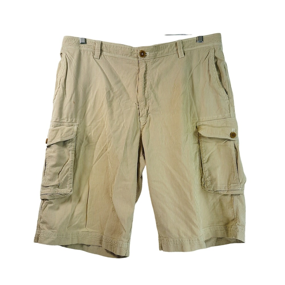 IZOD Luxury Sport Mens 38 Tan White Seersucker Striped Cotton Cargo Shorts